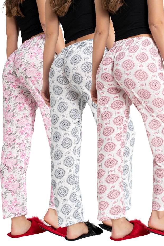 3 Pack Cotton Thin Breathable Fabric Ribbon Waist Detailed Printed Pocketless Women's Pajama Bottoms