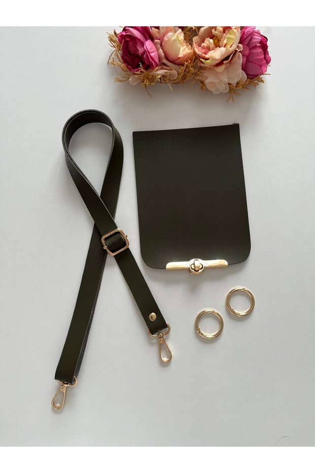 Strap Made of Artificial Leather for Knitted Bags, Cover Set Khaki Color