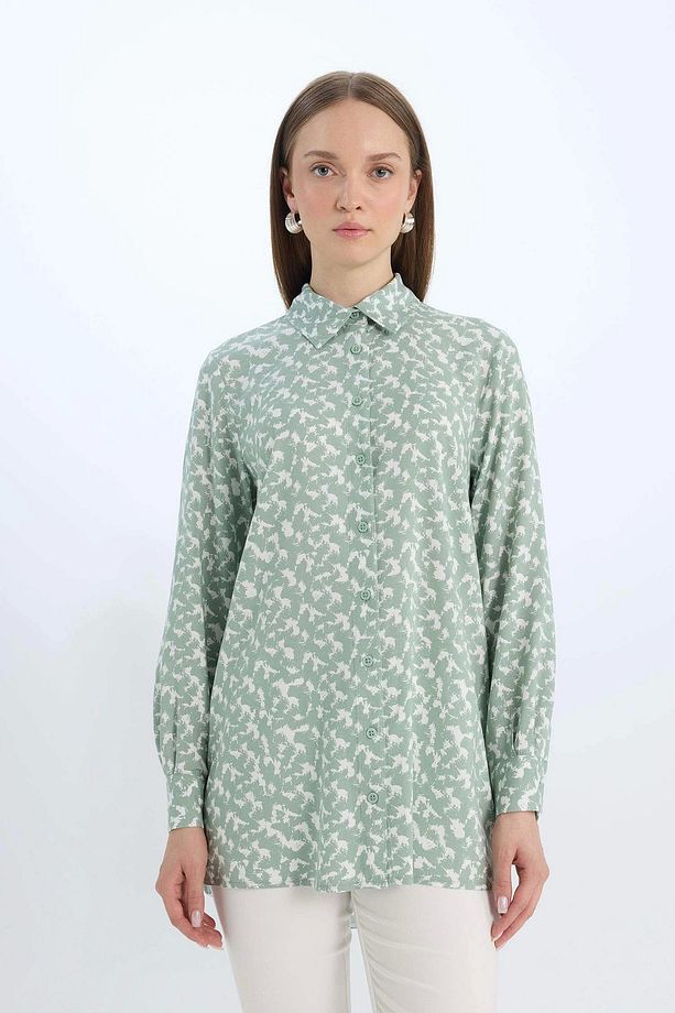 Z5833 Yeşil Regular Fit Desenli Uzun Kollu Gömlek Tunik - 1