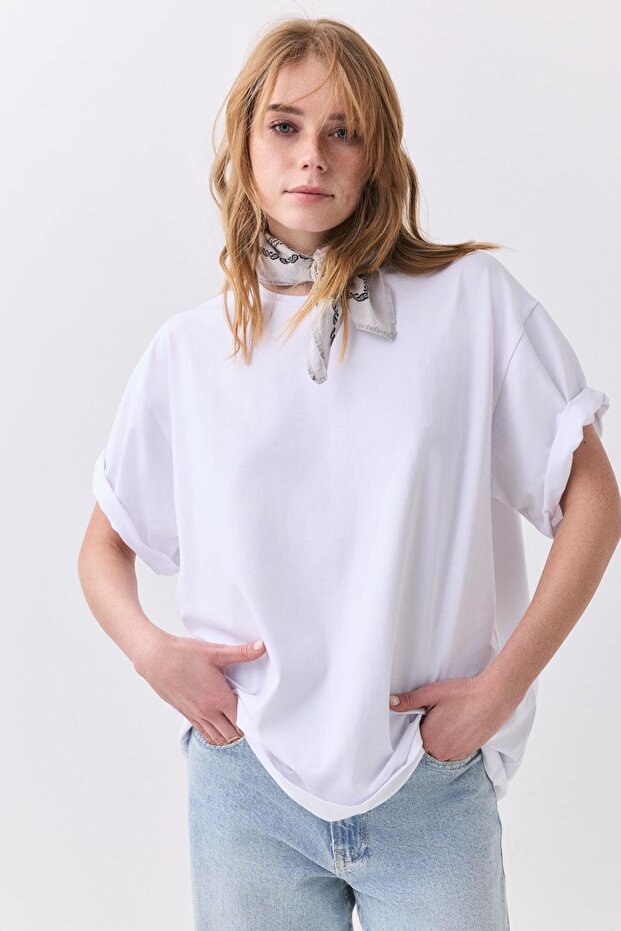 Kadın Pamuk Oversize Basic Tshirt Beyaz 5012 - 1