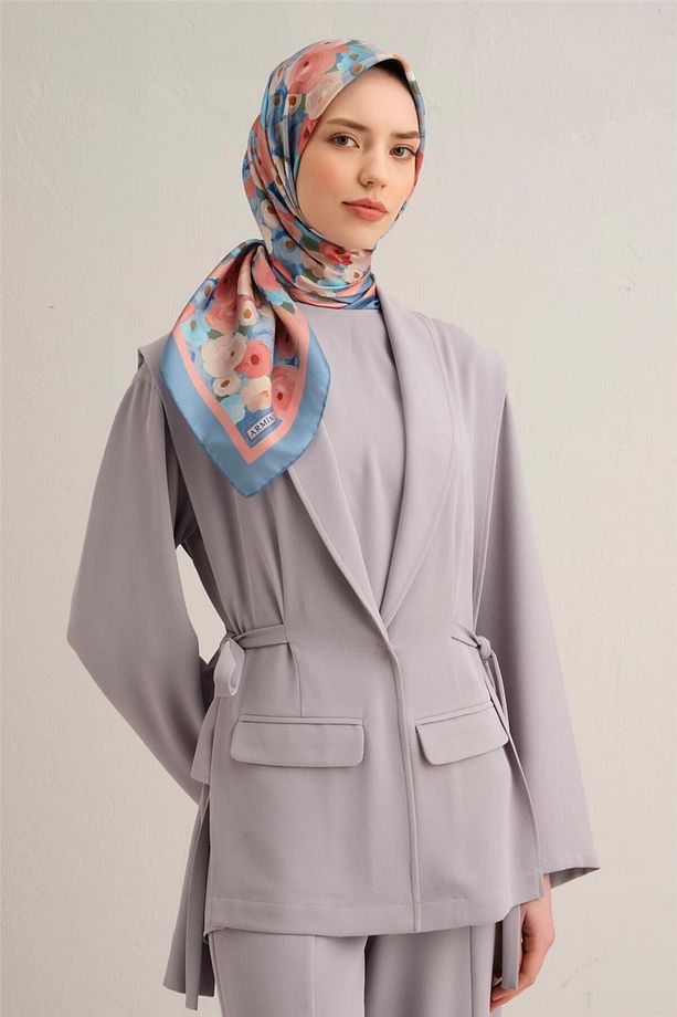 Desenli Saf Ipek Twill Eşarp 9300- 02 - 1