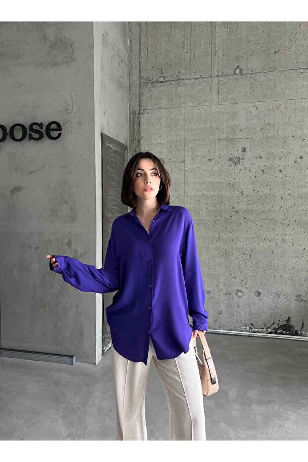 Viskon Kumaş Oversize Basic Gömlek - 2