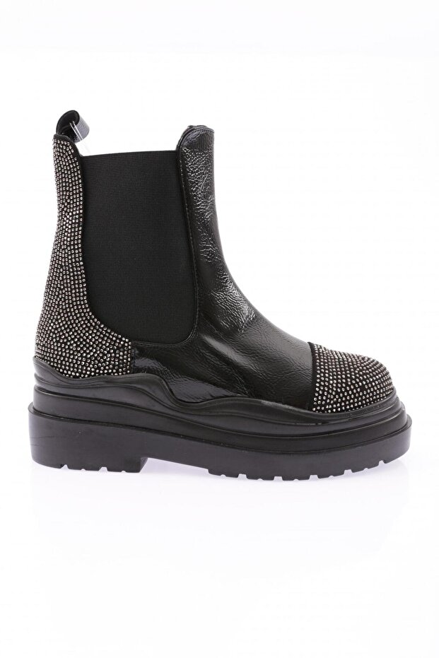 Women's Black Patent Leather Boots - Stone Detailed, Wrinkled Model 1230173162674