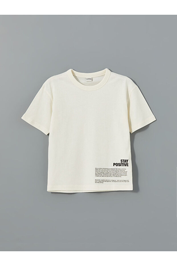 Lcw Kids Ecru Crew Neck Text Printed Boys' T-Shirt