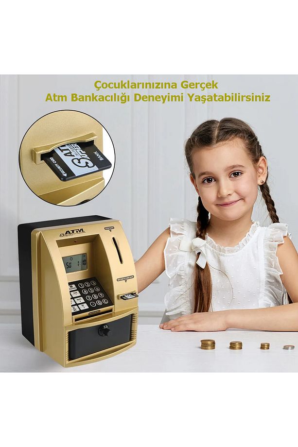 LCD Ekran ATM Şifreli Kumbara Kağıt Demir Para Girişli Kartlı Sesli Yönlendirme Takvim Saat - 4