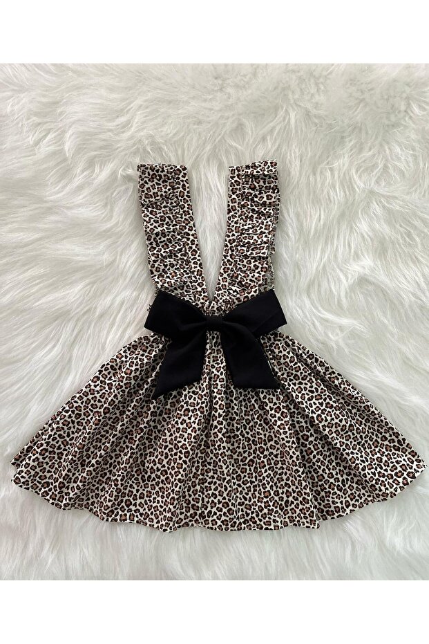 Girl's Leopard Bow Ruffle Strap Salopet Dress (Made from 100% Cotton Fabric.)