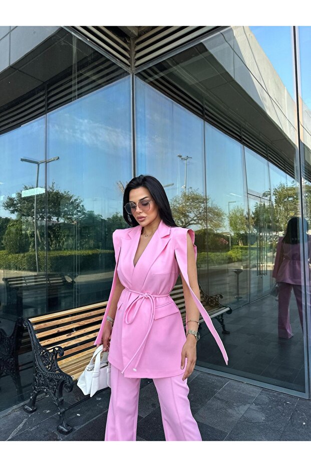Tie-Detail Double Belted Blazer Vest Trousers Set