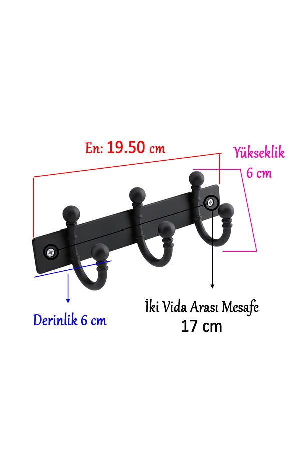 Metal Siyah 3'lü Birleşik Askı Vestiyer Duvar Monteli Dolap Askılığı Vidalı Elbise Asma 1 Adet - 2