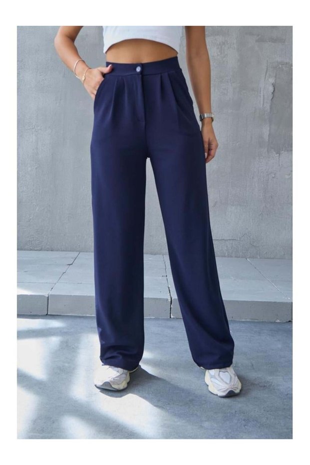 Women's Navy Blue Lycra Double Pleated Detailed Knitted Crepe Fabric High Waist Palazzo Trousers 3851