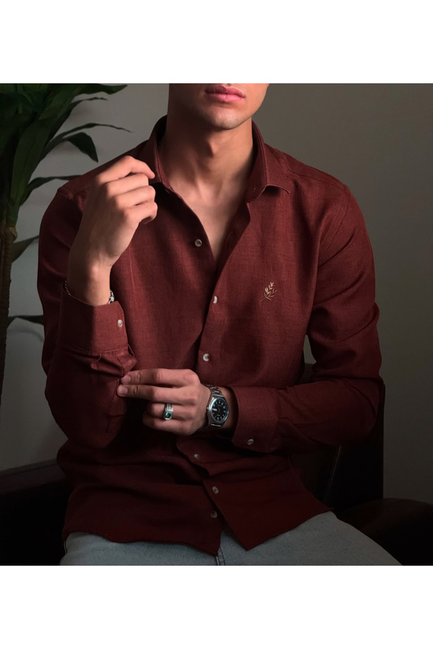 Men's Linen Oversize Long Sleeve Embroidered Seasonal Shirt