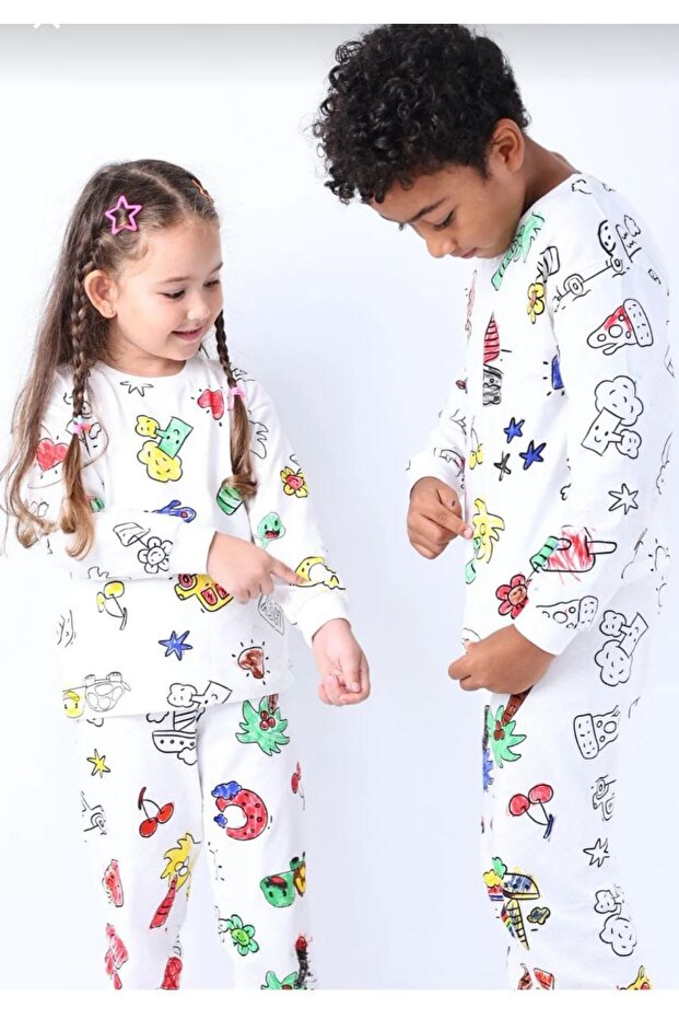 Painting Pen with Long Sleeve Top Cute Figures Paintable Children's Pajama Set