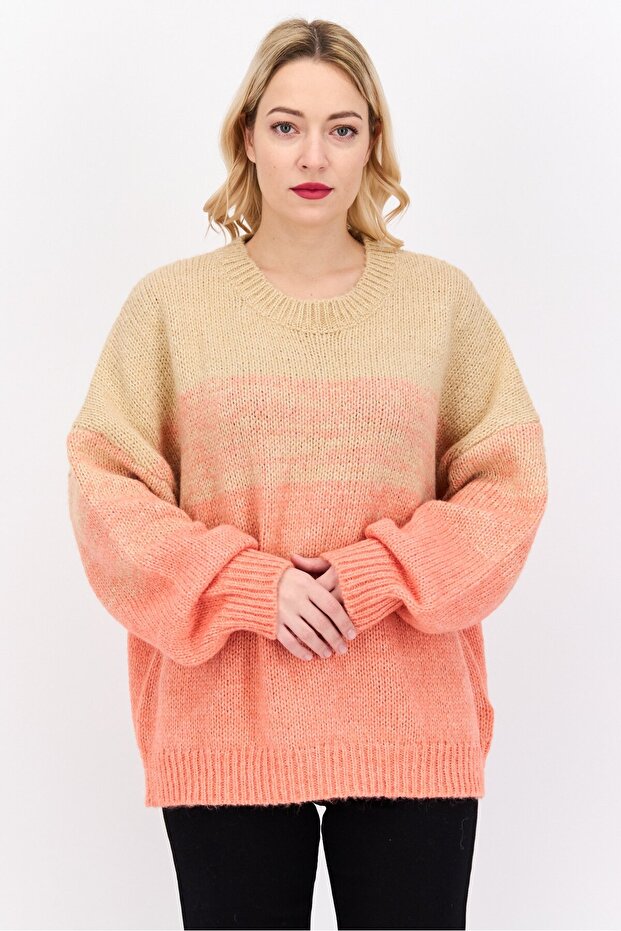Women Crew Neck Knit Sweater, Coral