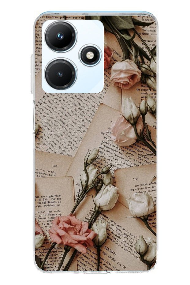 Infinix Hot 30i Compatible Retro Newspaper Roses Design Transparent Silicone Case