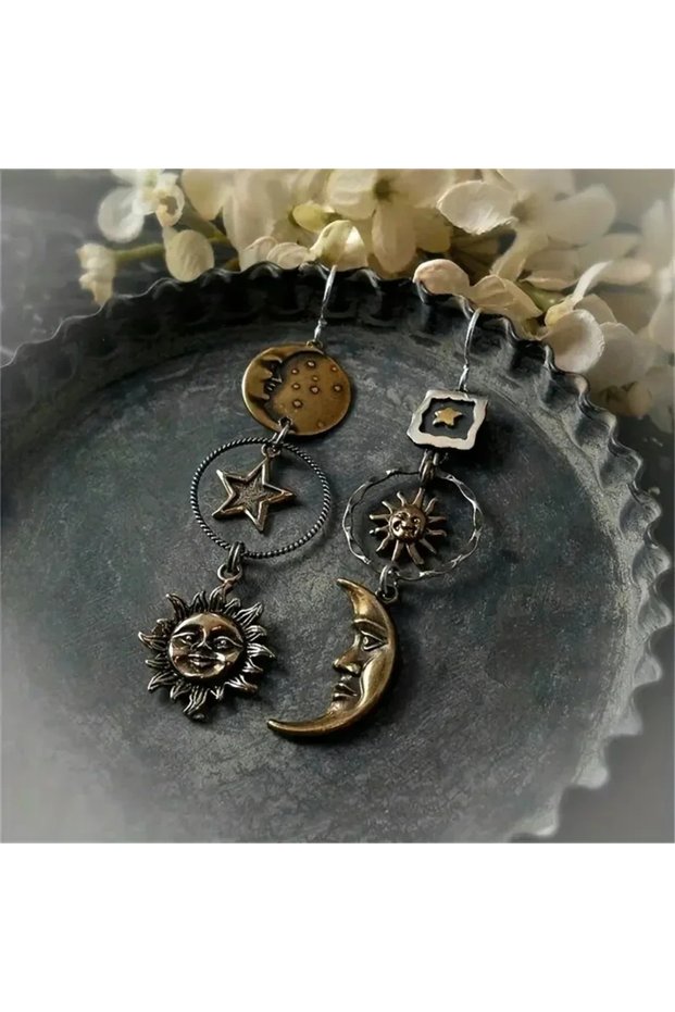 E769-SHUANGSE Greek Mythology Face Sun Moon Pendant Creative Design Women Asymmetric Personality Pen