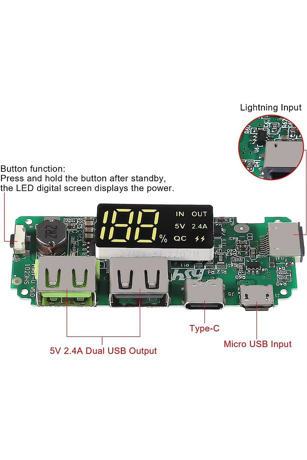 Pil şarj cihazı kurulu LED çift USB 5V 2.4A mikro/tip-cUSB mobil güç banka 18650 şarj modül - 5