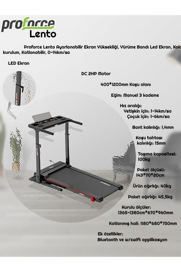 Lento Ayarlanabilir Yürüme Bandı Led Ekran, Kolay kurulum, Katlanabilir, 0-14km/sa - 9