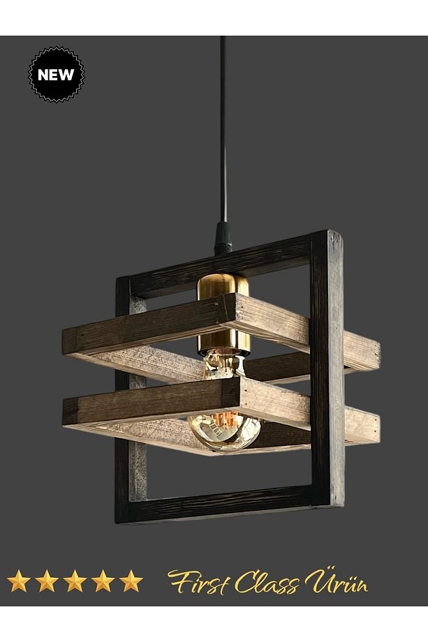 Retro Rustik Eskitme Balkon Bahçe Oda Mutfak Hol Ahşap Ceviz ve Siyah Tekli Avize - 1