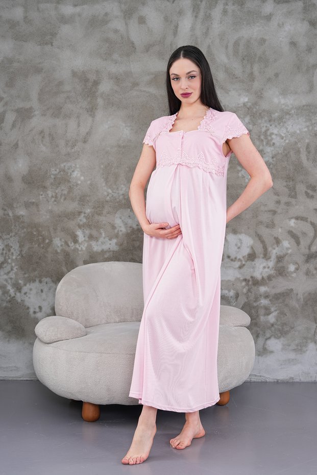 Women's Pink Lace Summer Special Design Full Length Cotton Maternity Nightgown
