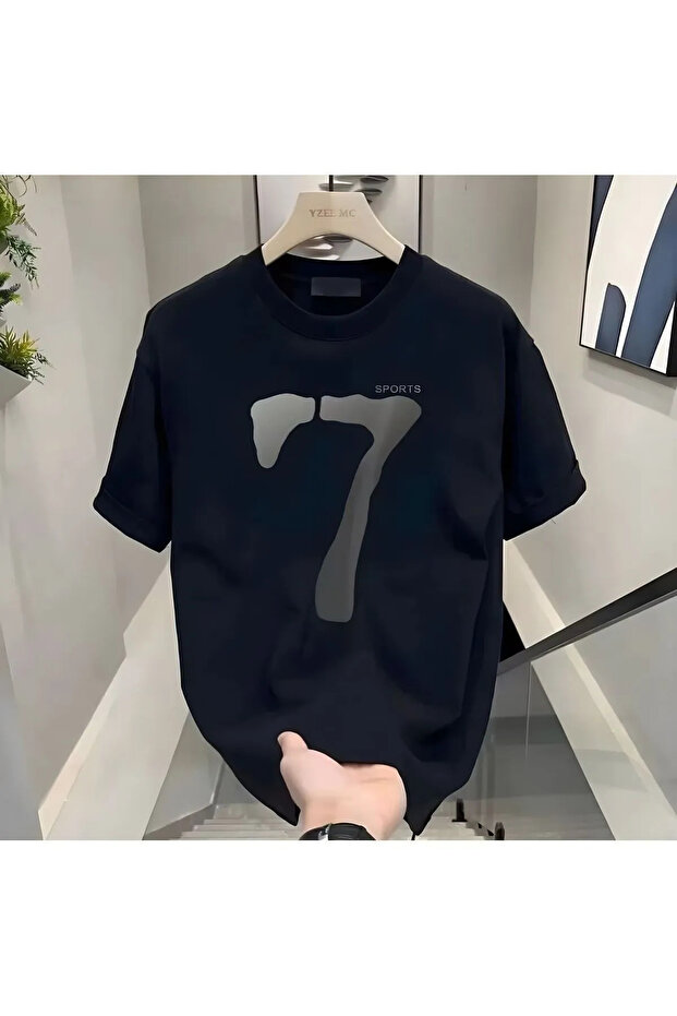 Unisex Large Size Black 7 Sport Printed Oversize 100% Cotton T-Shirt
