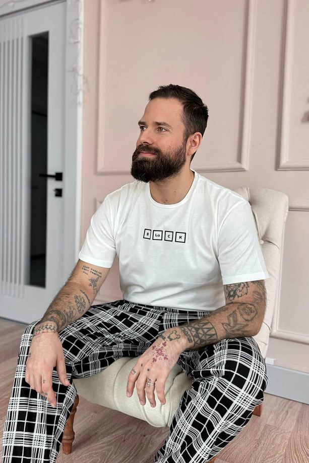 Ekru Black Baskılı Kısa Kol Erkek Pijama Takımı - 4