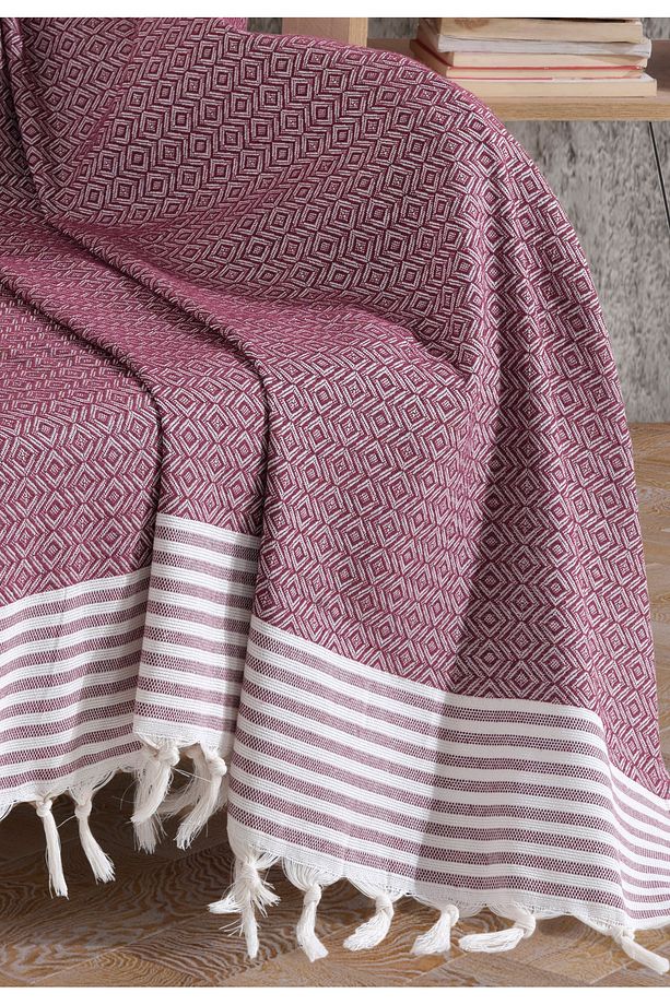 Bergama Mürdüm Tekli Koltuk Berjer Örtüsü 150 x 180 cm Kanepe Divan Çekyat Örtüsü Pamuklu Püsküllü - 3