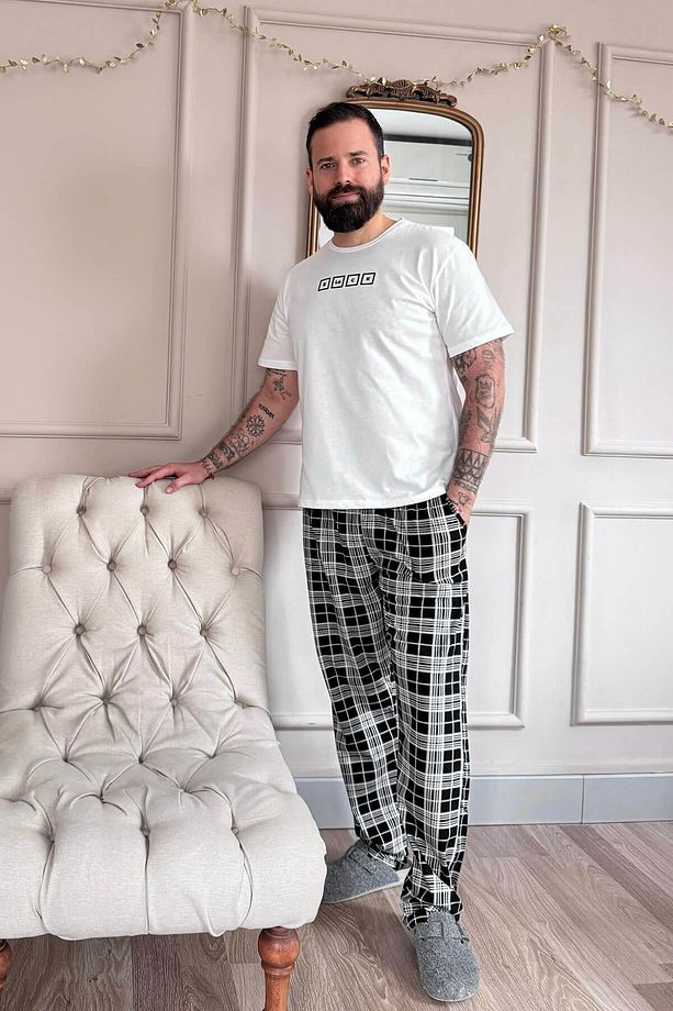Ekru Black Baskılı Kısa Kol Erkek Pijama Takımı - 7