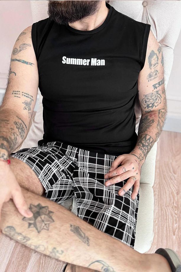 Siyah Superman Baskılı Sıfır Kol Şortlu Erkek Pijama Takımı - 6