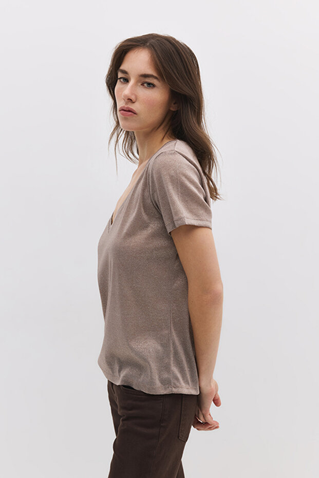 Shiny V-Neck Basic T-Shirt - 6