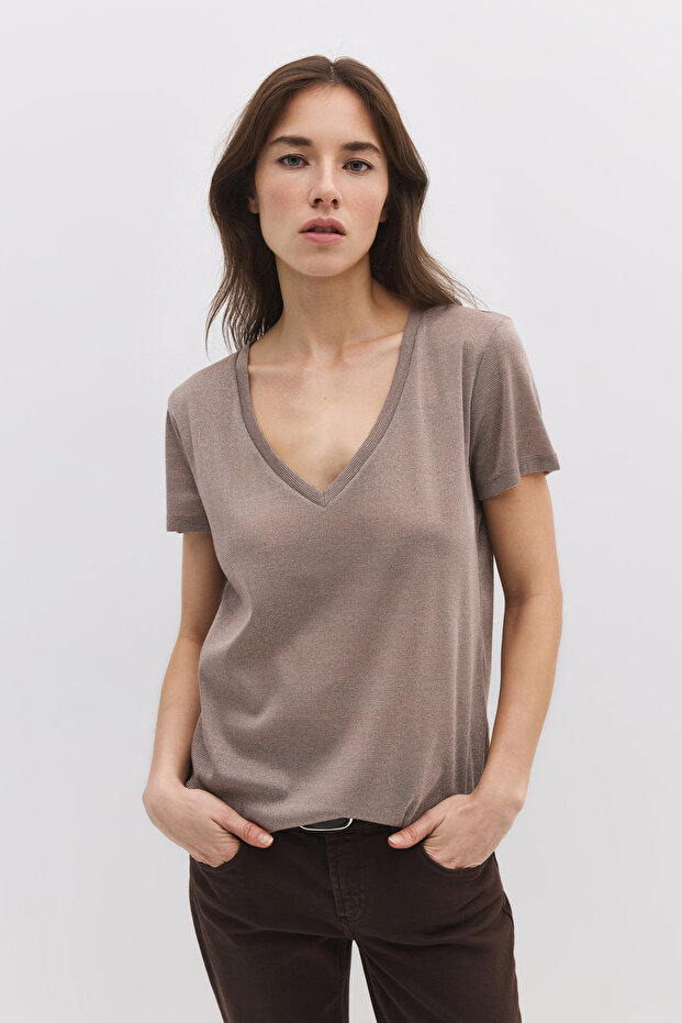 Shiny V-Neck Basic T-Shirt - 2