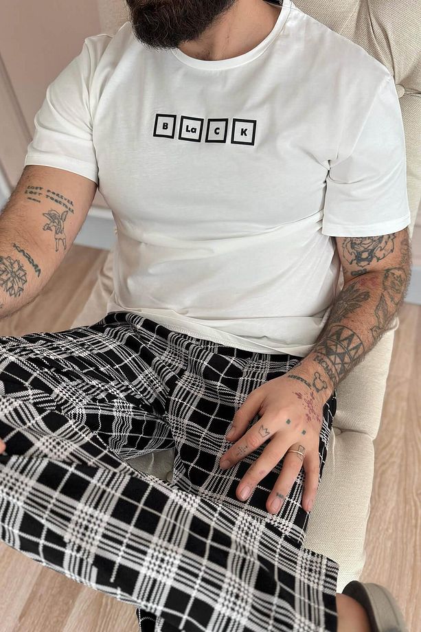 Ekru Black Baskılı Kısa Kol Erkek Pijama Takımı - 6