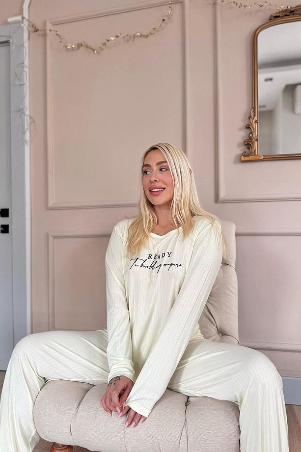 Ekru Ready Dublin Uzun Kollu Kadın Pijama Takımı - 5