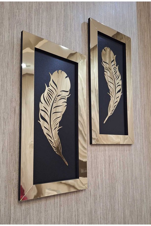 2 Li Aynalı Pleksi Tablo 3 Boyutlu Çerçeve Tüy Model Altın Sarısı - 6