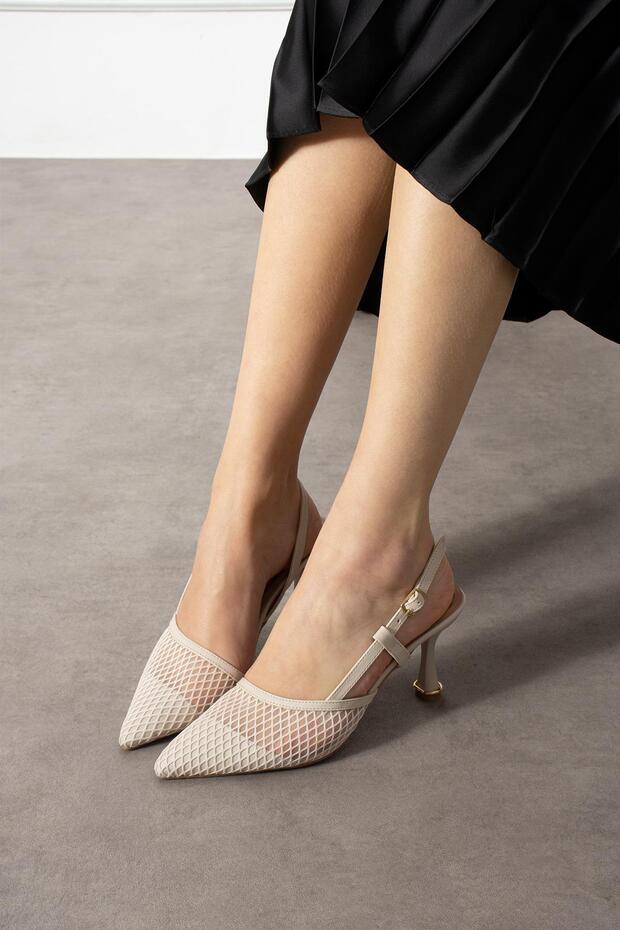 Anzelika Women's Heeled Mesh Stiletto Beige Leather