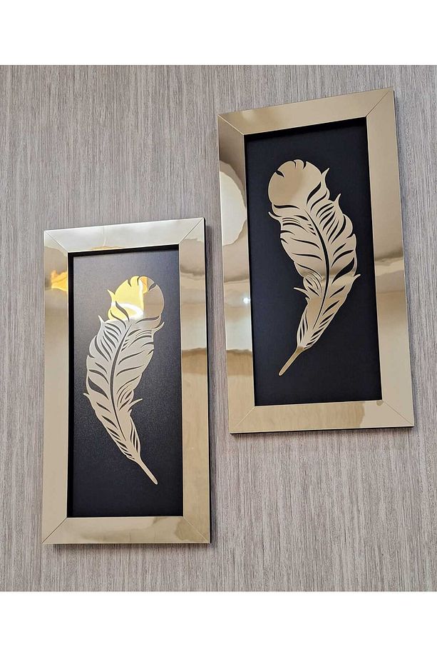 2 Li Aynalı Pleksi Tablo 3 Boyutlu Çerçeve Tüy Model Altın Sarısı - 3
