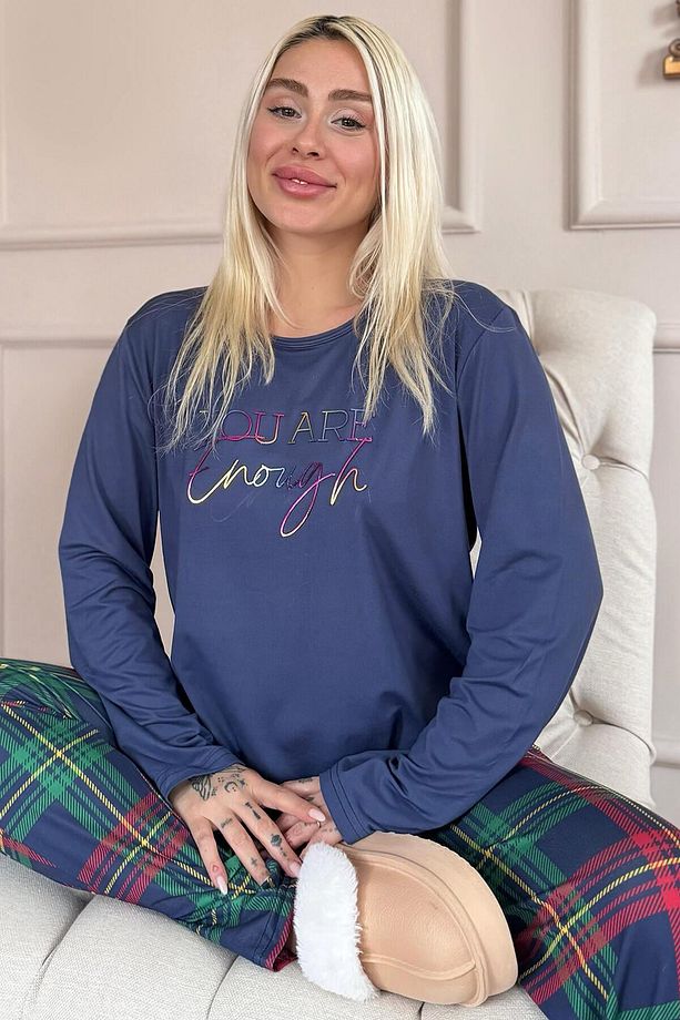 Lacivert Enough Desenli Bambu Uzun Kol Kadın Pijama Takımı - 1