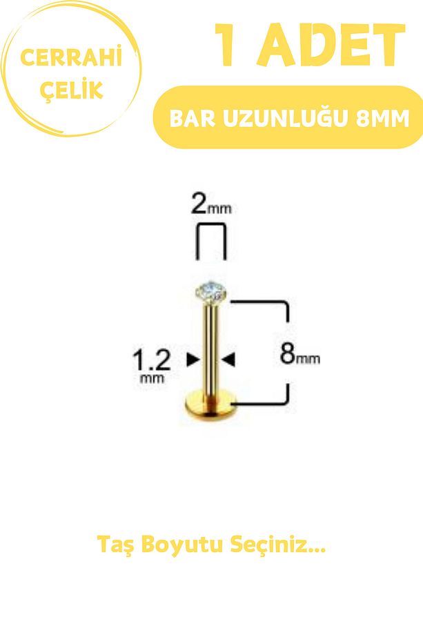 Cerrahi Çelik 8mm Zirkon Taş Tragus Helix Kulak Kıkırdak Flat Conch Dudak Burun Snake Bites Piercing - 3