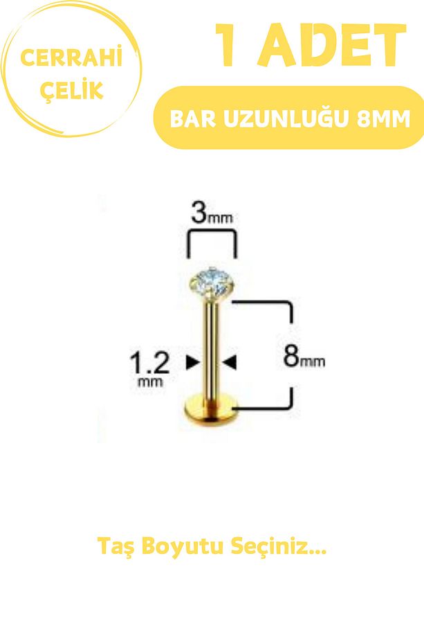 Cerrahi Çelik 8mm Zirkon Taş Tragus Helix Kulak Kıkırdak Flat Conch Dudak Burun Snake Bites Piercing - 5
