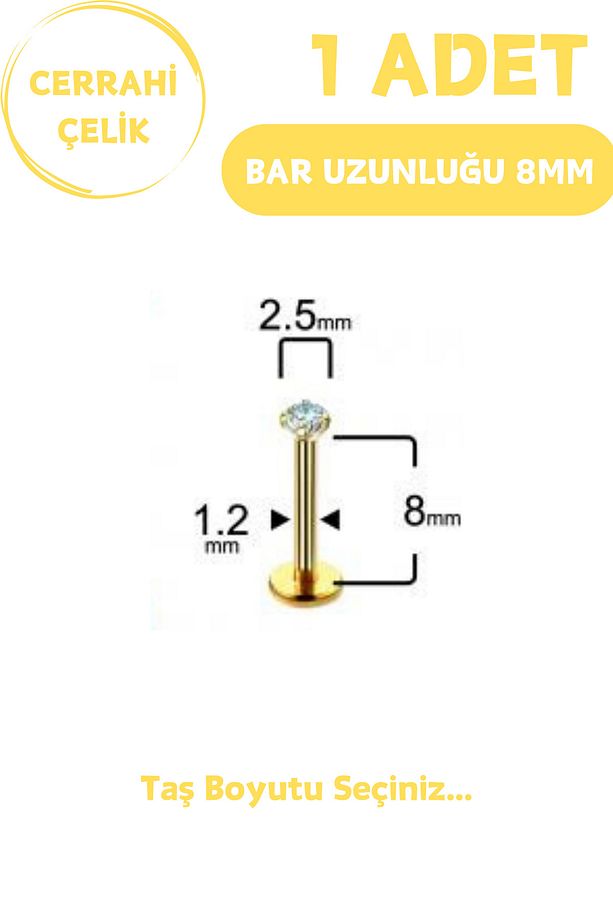 Cerrahi Çelik 8mm Zirkon Taş Tragus Helix Kulak Kıkırdak Flat Conch Dudak Burun Snake Bites Piercing - 4