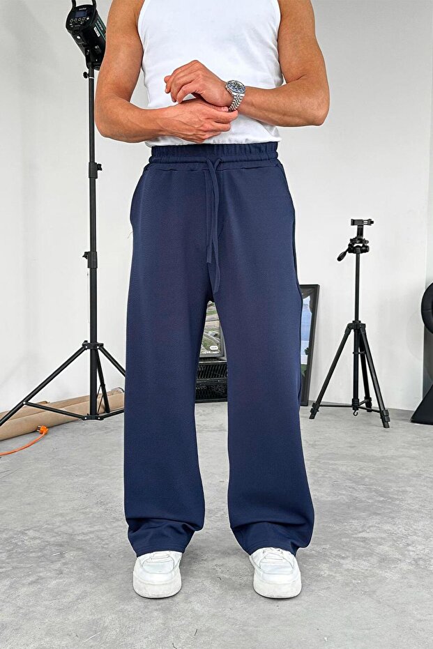 Navy Blue Textured Basic Baggy Pants