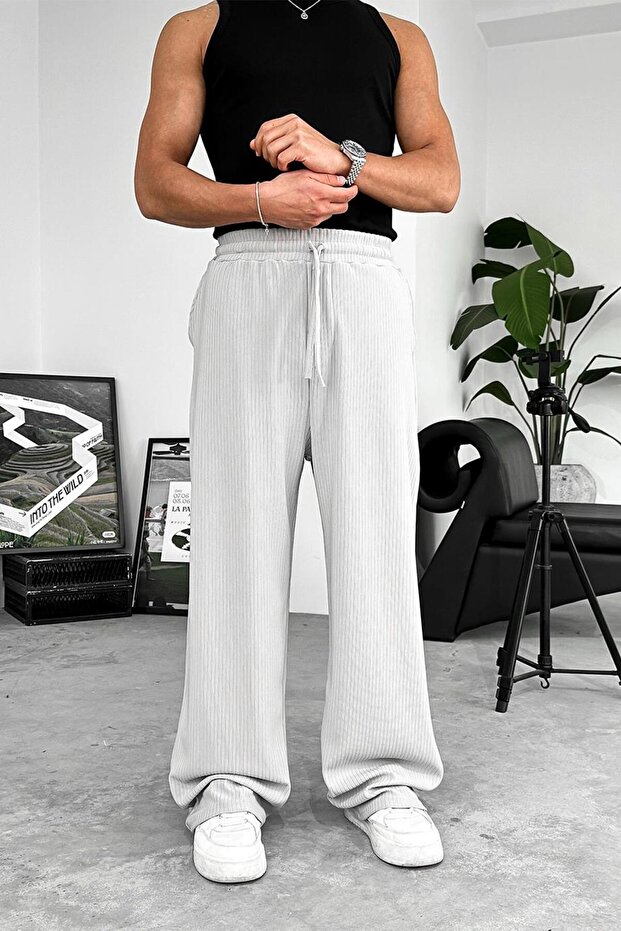 Gray Lycra Ribbed Baggy Trousers