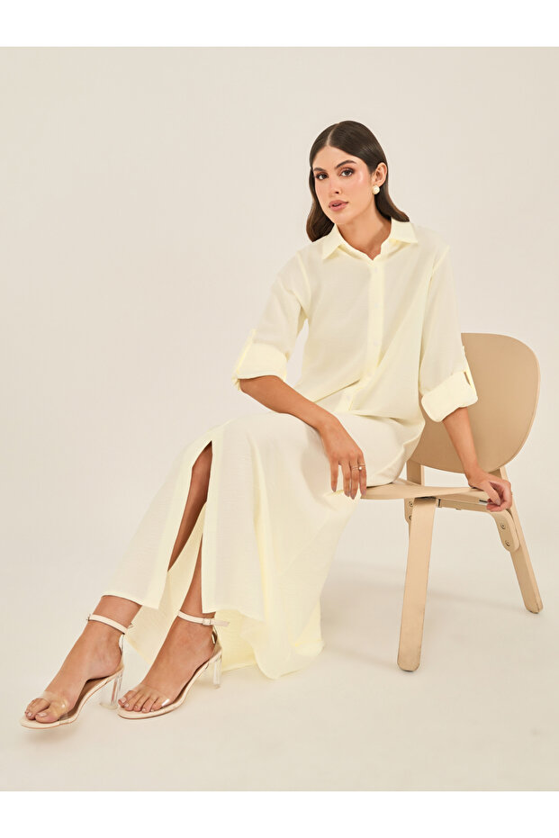 فستان طويل بقميص على شكل حرف A بياقة سادة - 1