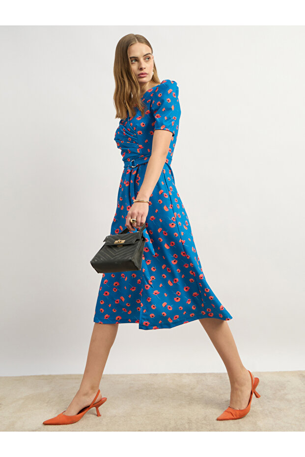 Floral Print A-Line Midi Dress with Puff Sleeves