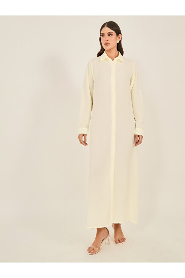 فستان طويل بقميص على شكل حرف A بياقة سادة - 3