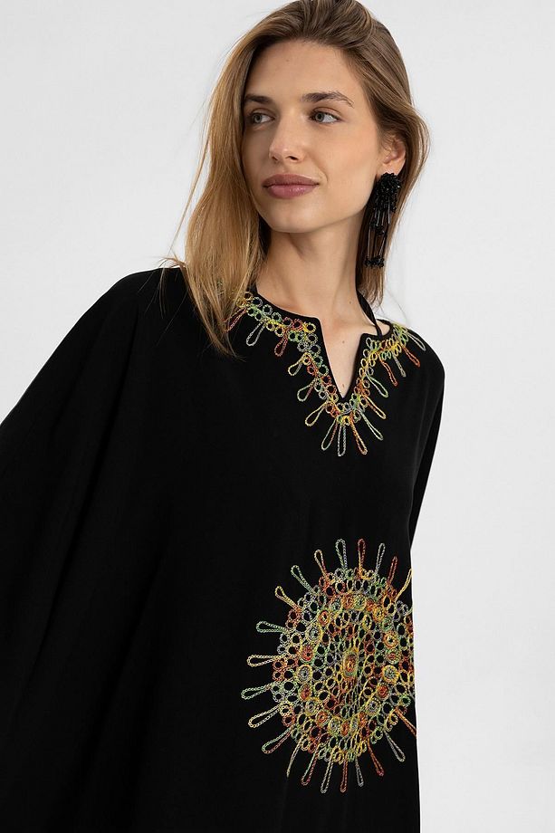 Siyah Şile Bezi Yarasa Kollu Işlemeli Kısa Yazlık Astarsız Plaj Pamuklu Kaftan Elbise - 5