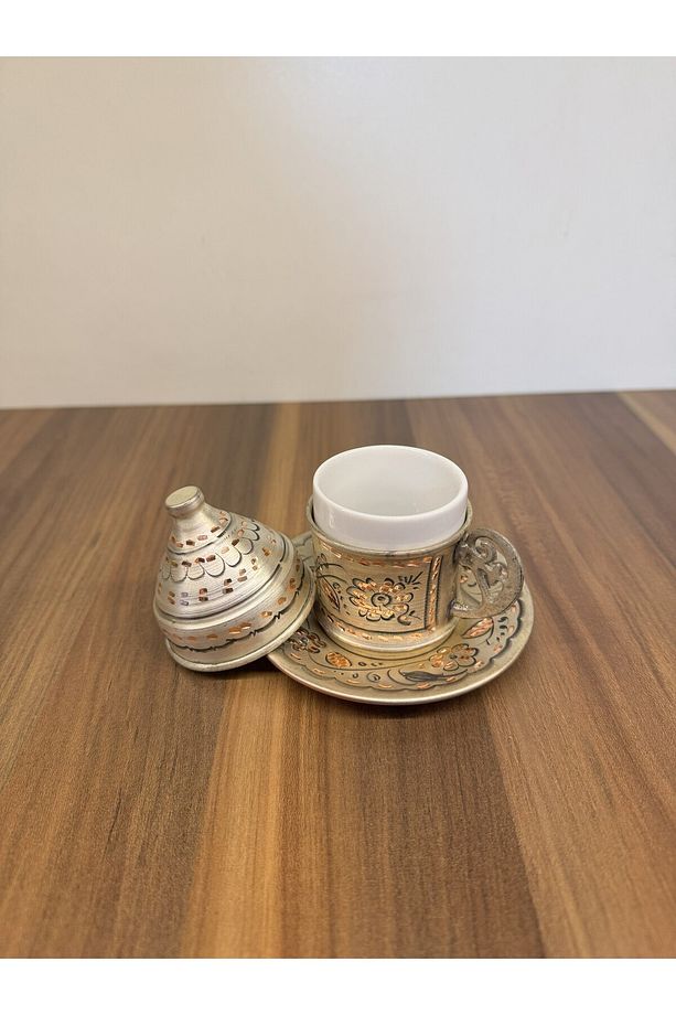 Kahve Seti 6 Kişilik Bakır Üzerine Gümüş Kaplama Eskitme Bakır İşleme Oval Tepsili - 6