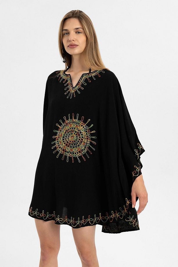 Siyah Şile Bezi Yarasa Kollu Işlemeli Kısa Yazlık Astarsız Plaj Pamuklu Kaftan Elbise - 1