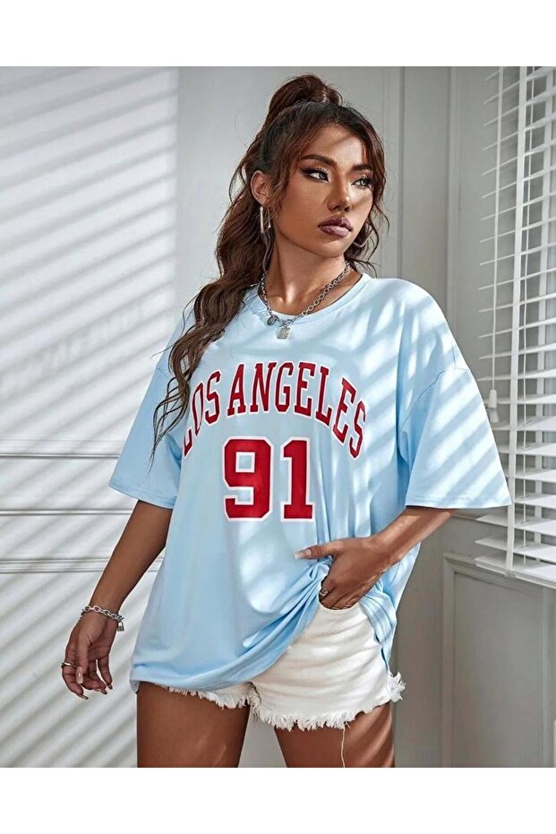 Los Angeles Printed Baby Blue Relaxed Fit Oversized T-Shirt Unisex