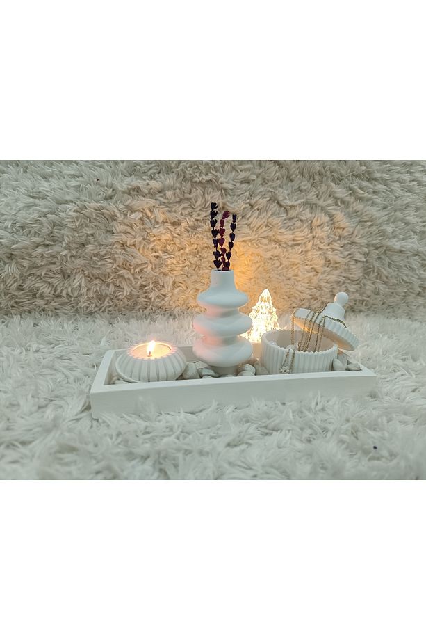 Taş Tozu, Dekoratif Obje ve Biblo Süs Eşyası, Tepsi-Mumluk 4'lü Set (BOYALI, VERNİKLİ) - 1