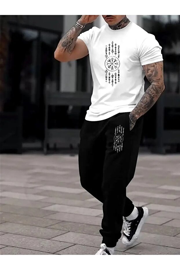 Men's Black Lettering Symbol Printed Oversize Tracksuit Set