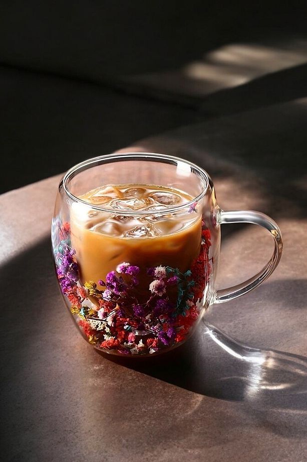 Çift Cidarlı 250 ml Kulplu Cam Kupa 2'li | Çiçekli Şeffaf Kahve ve Çay Bardağı - 2